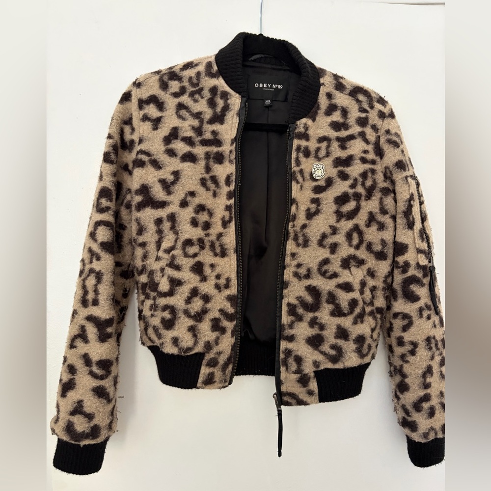 Obey Leopard-Print Bomber Jacket in Beige and Brown with Black Trim